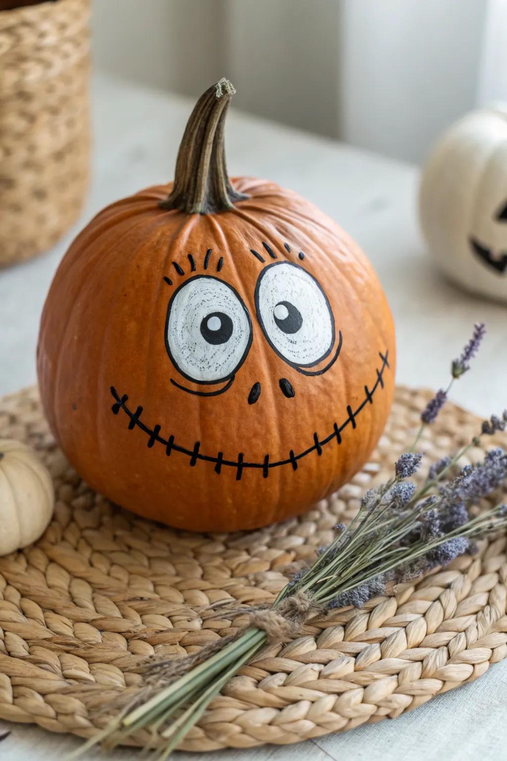 Illuminate your space with this whimsically painted pumpkin—ideal for a lighthearted Halloween vibe!