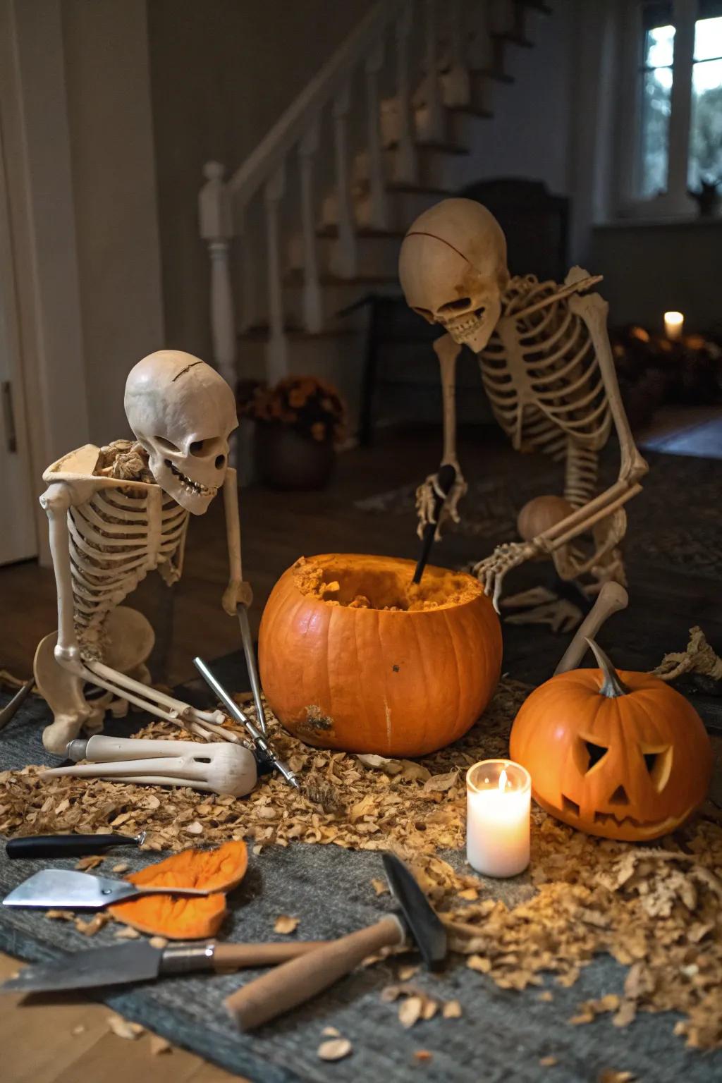 Skeletons preoccupied at labor sculpting gourds.