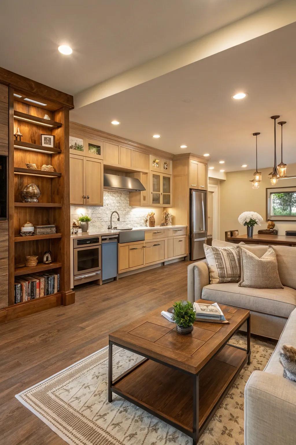 Coordinated color palettes tie the kitchen and living areas together.