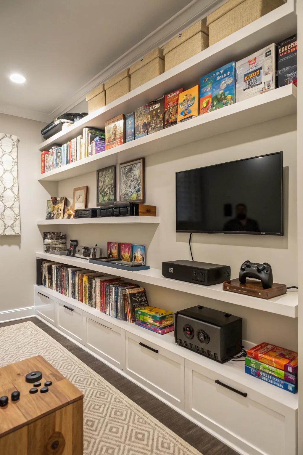 Suspended shelves maintain the gaming area organized and stylish.