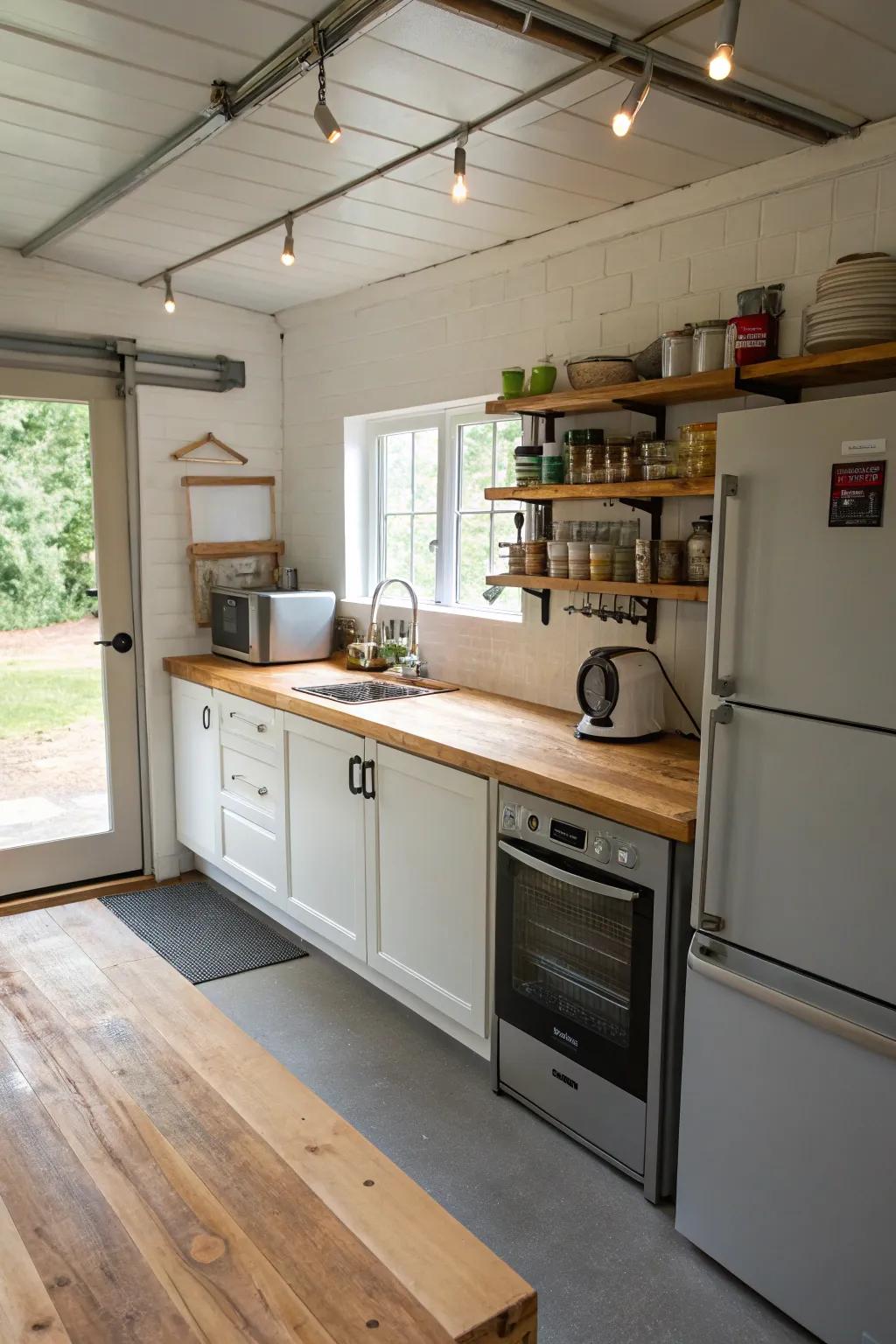 Wooden countertops introduce a rustic charm.
