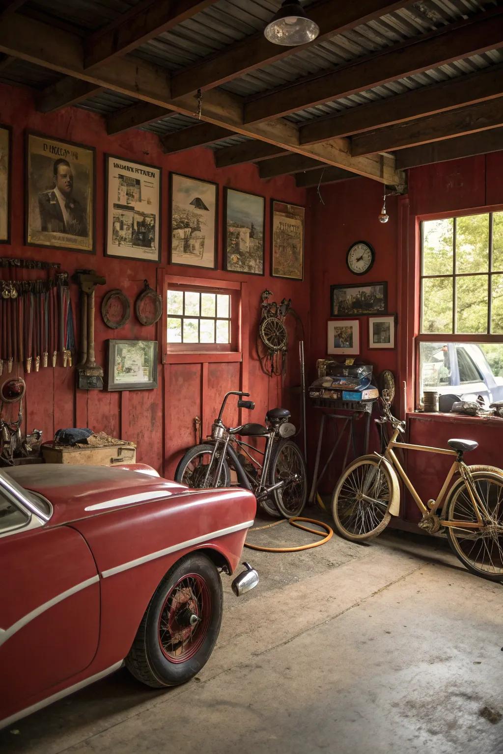 Rustic red hues create a welcoming garage.