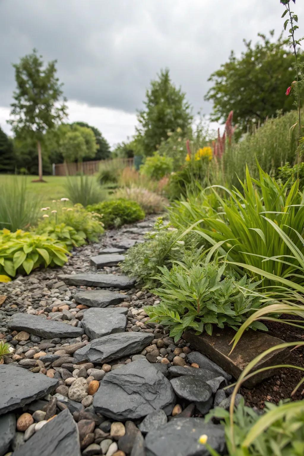 Elevate your garden using a sustainable rain garden through the use of stone fragments.