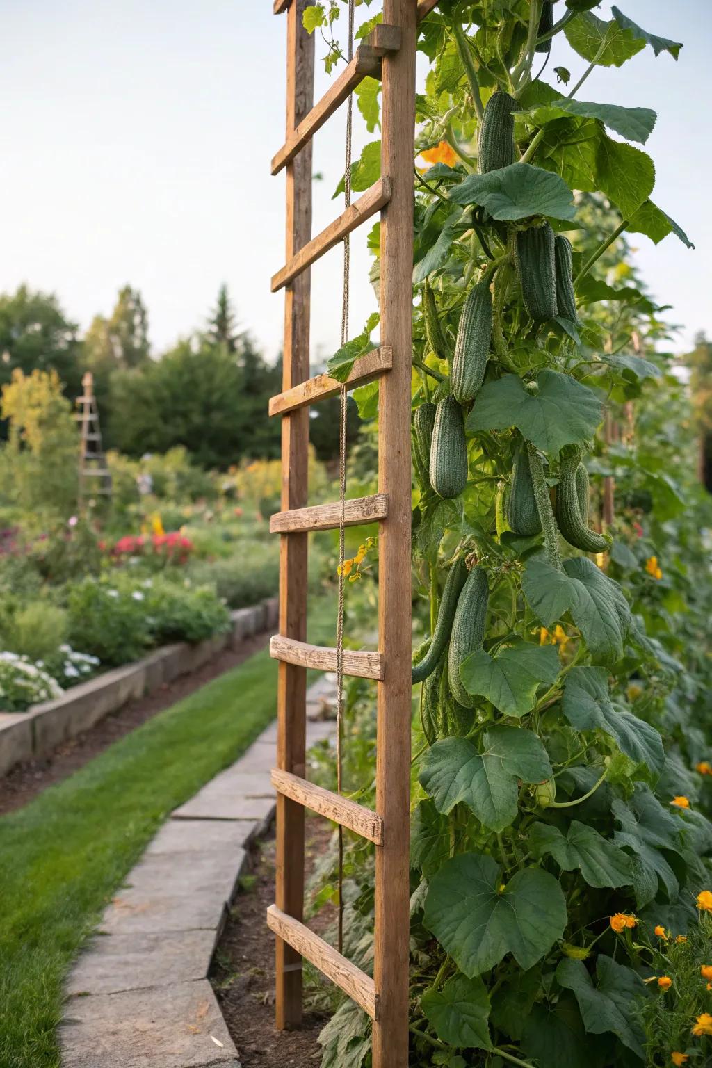 A vertical garden where cucumbers flourish on a framework.