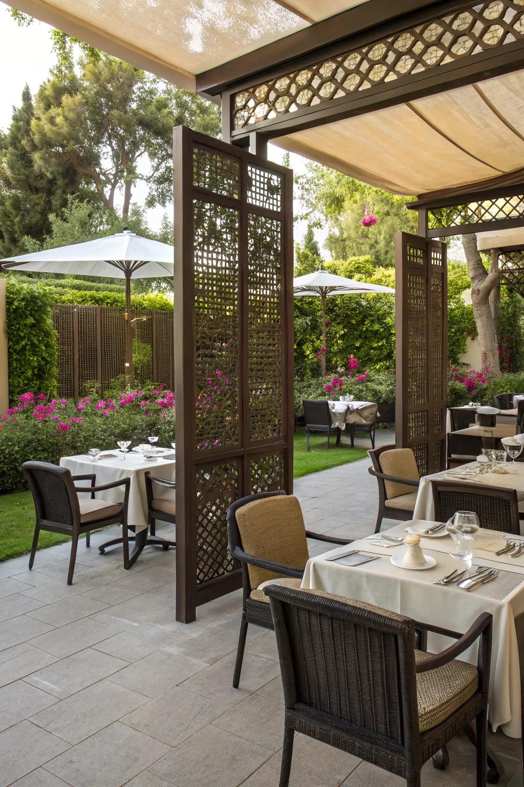 Screens aid in establishing defined exterior living spaces.