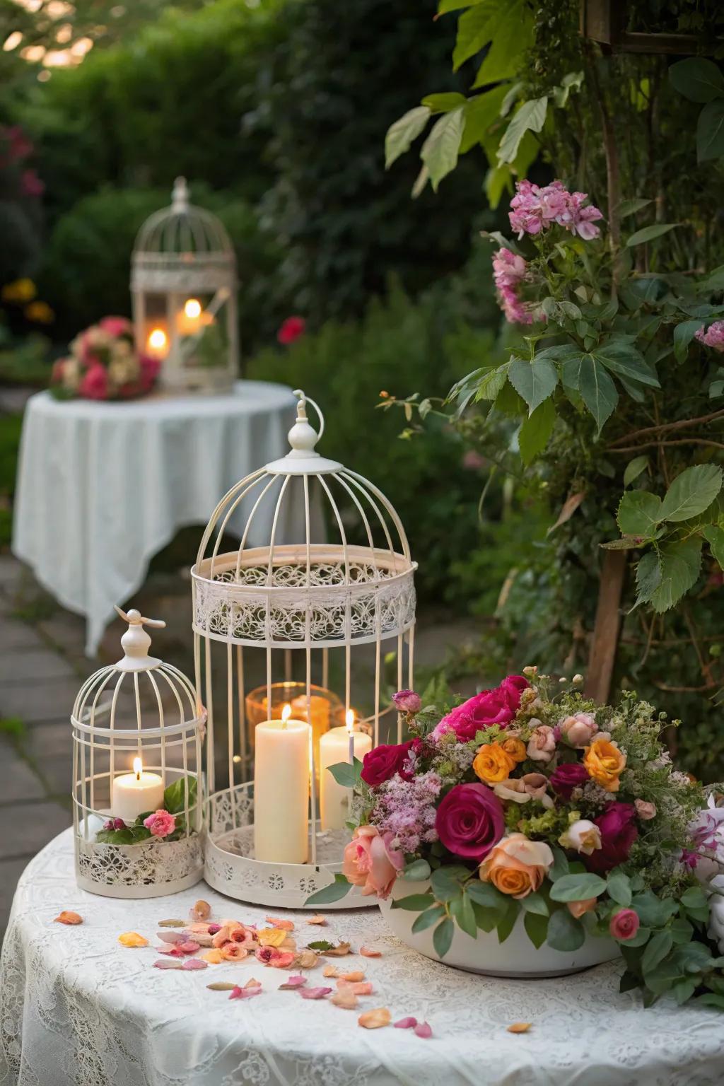 Aviary cages introduce an elegant nuance to the tea party décor.
