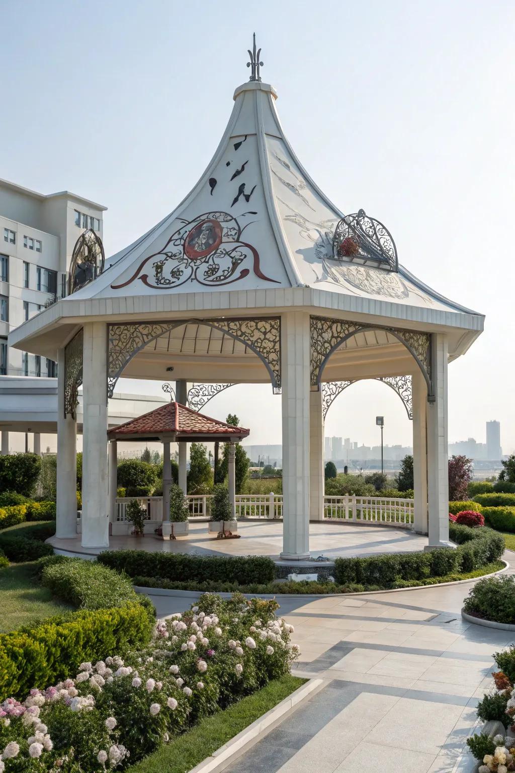 A gazebo with a sculpted roof, functioning as an artistic centerpiece.