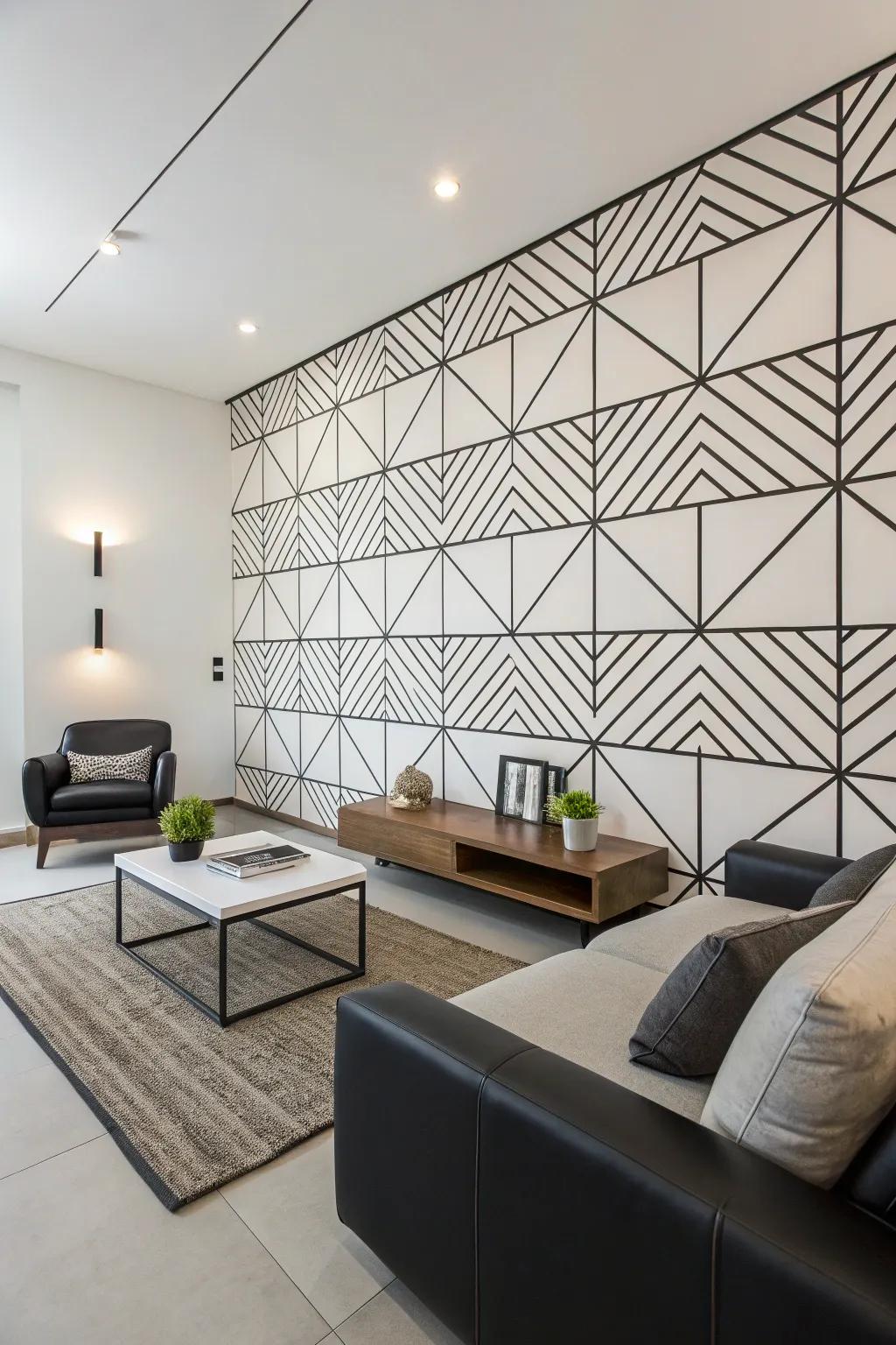 A minimalist area featuring monochrome linear geometric wall designs.