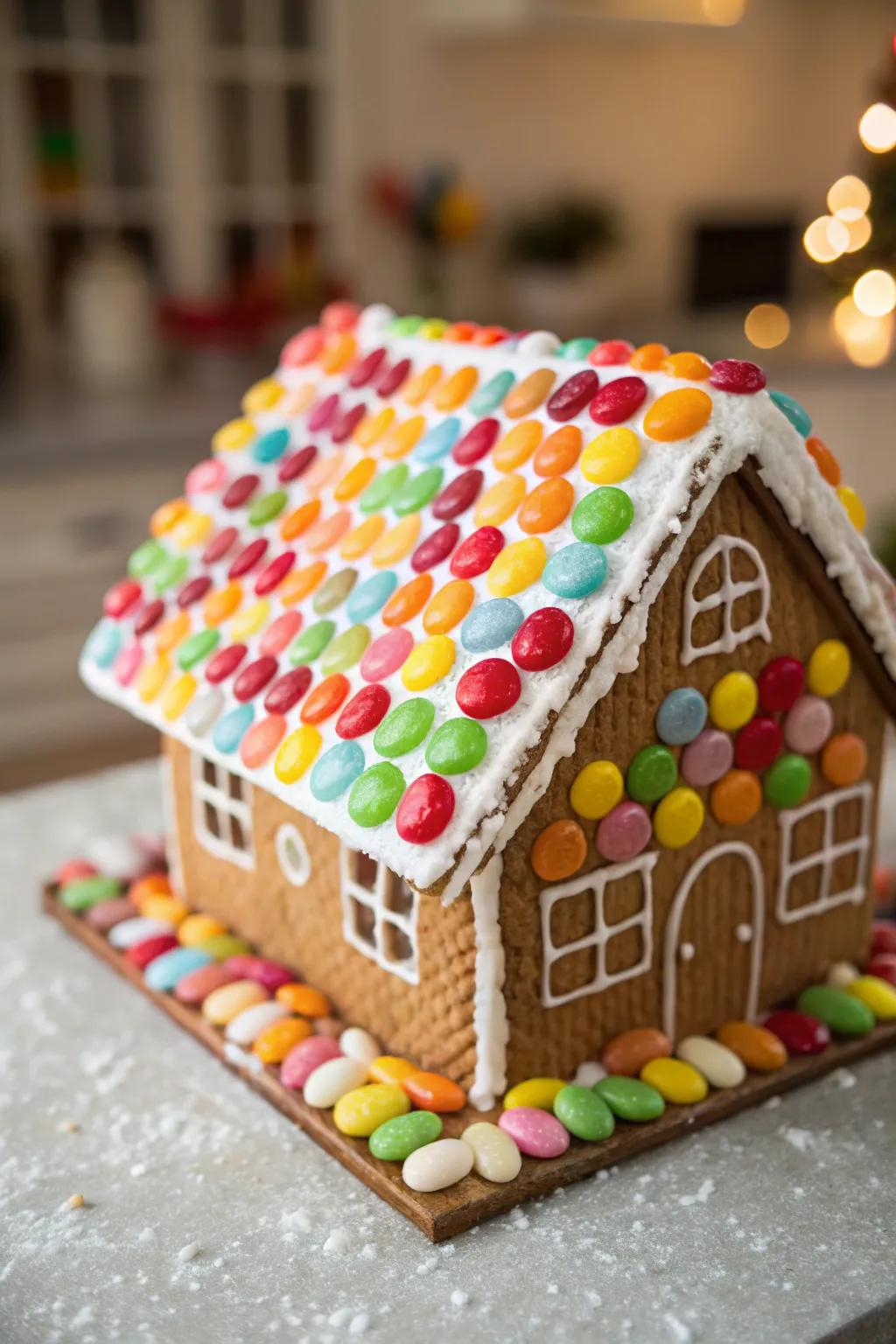 Gelatin square mosaics turn gingerbread roofs into colorful artworks.