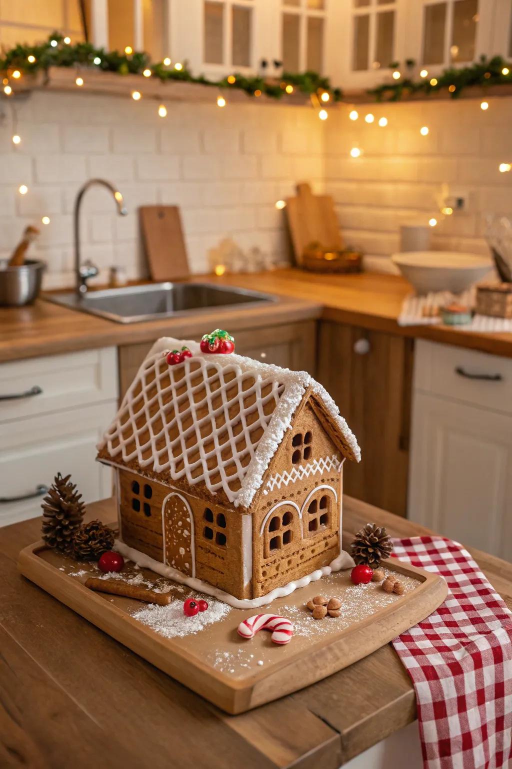 A gingerbread dwelling rooftop adorned with alveolate biscuit tiles.