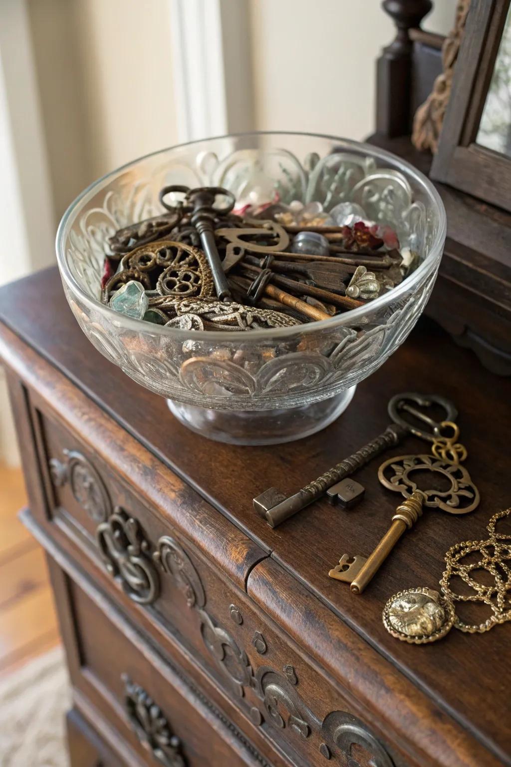 Retro charm through keys and trinkets contained within a glass bowl.