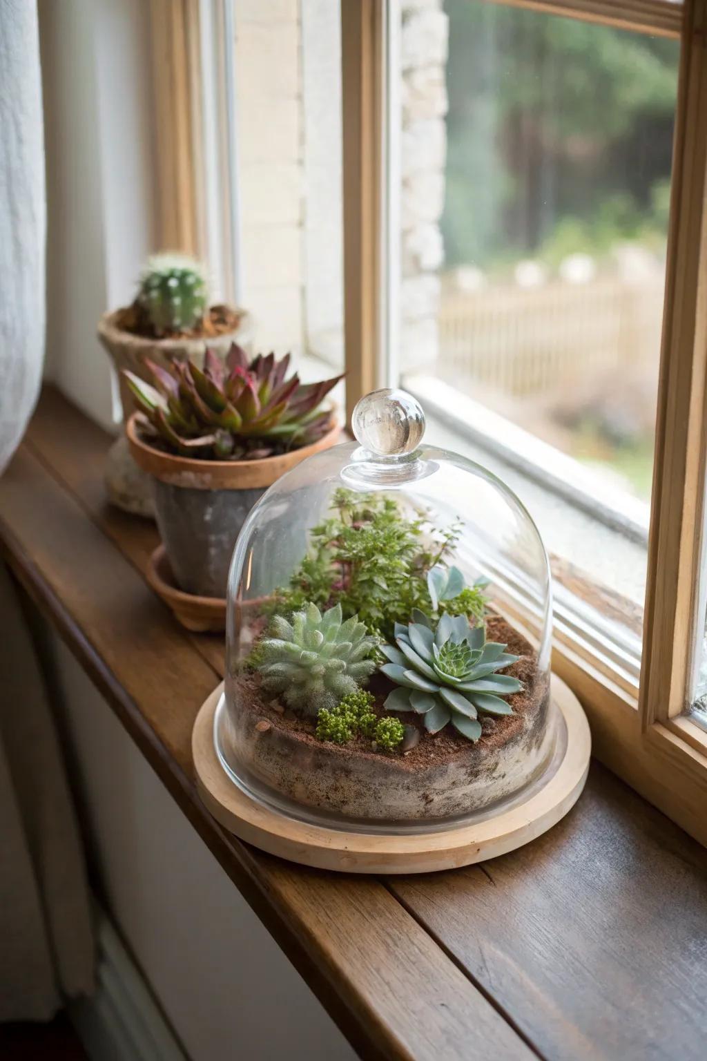 Cacti under a glass dome include greenery to a brilliant space.