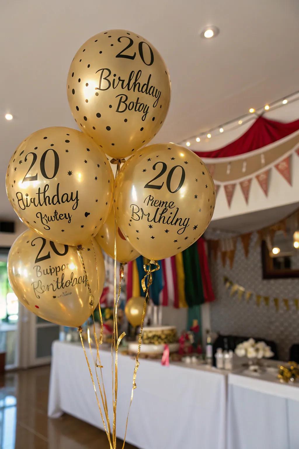 Personalized golden spheres impart a special nuance to your birthday decor.