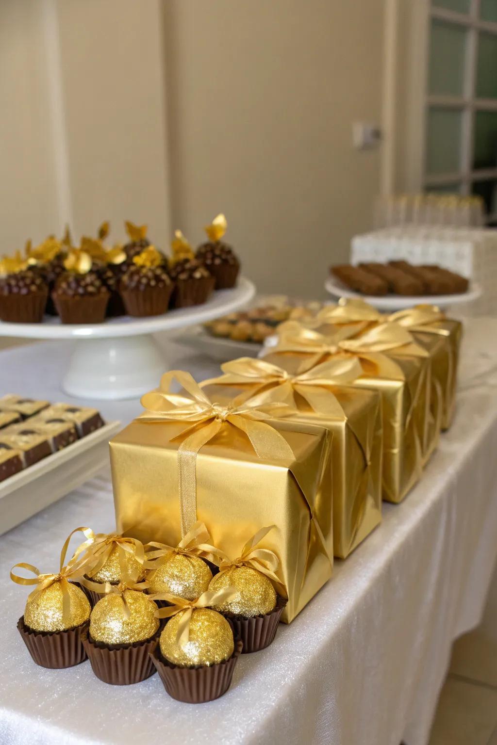Gold-wrapped favors that leave a lasting impression on guests.