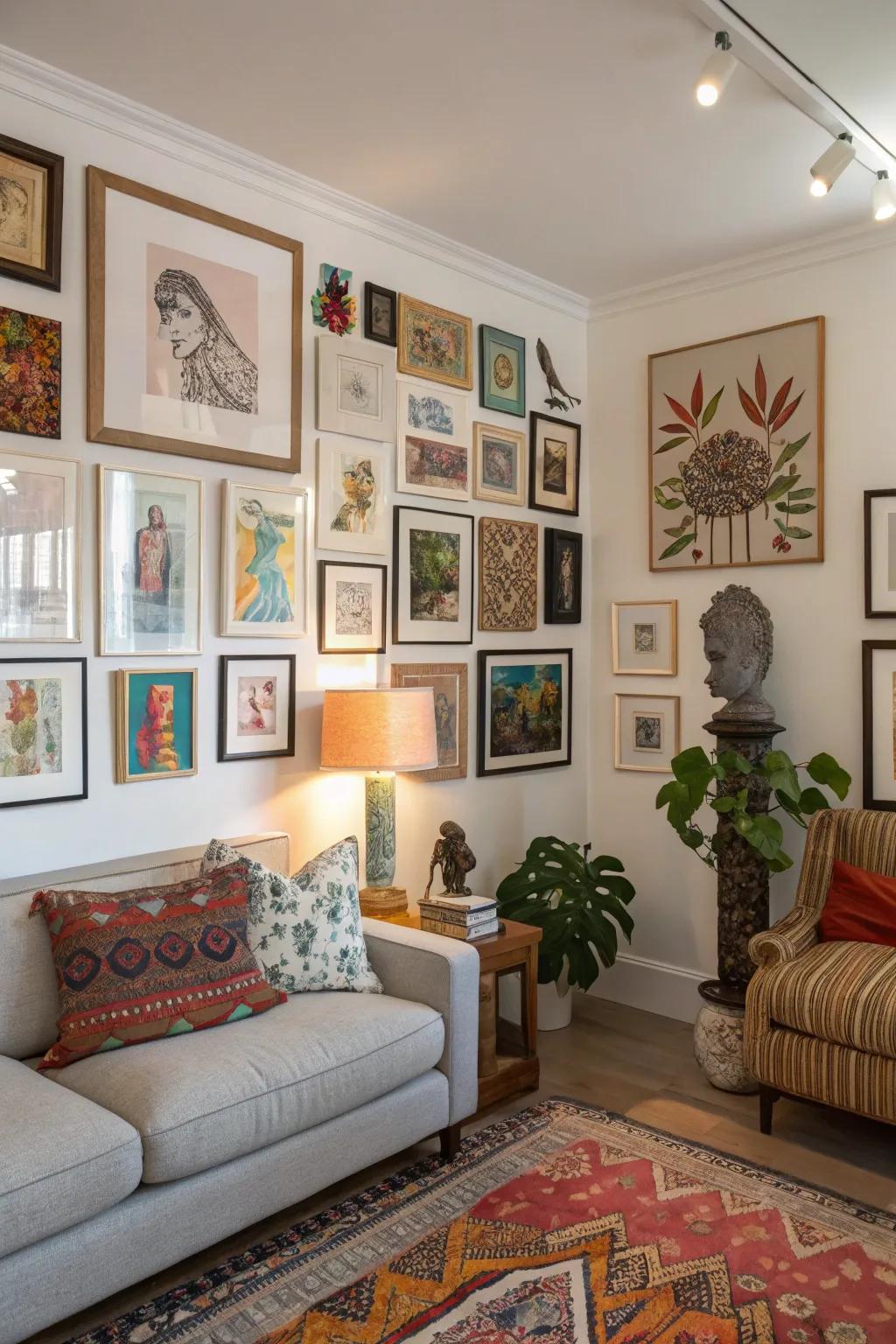 An original and personalized gallery wall showcasing mixed styles.