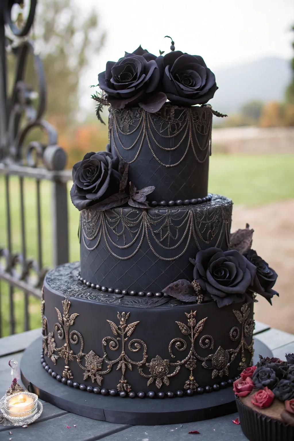 A gothic wedding confection adorned with shadowy roses and intricate patterns.