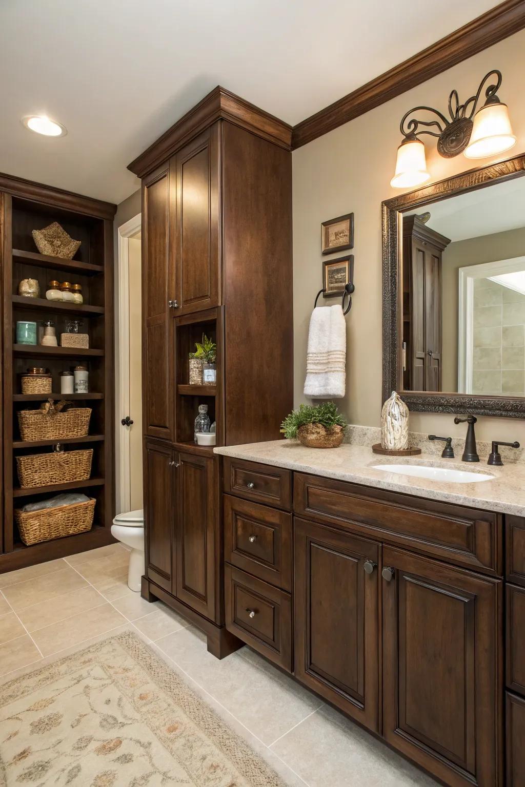 Dark wood fixtures provide warmth and texture to the gothic bathroom.