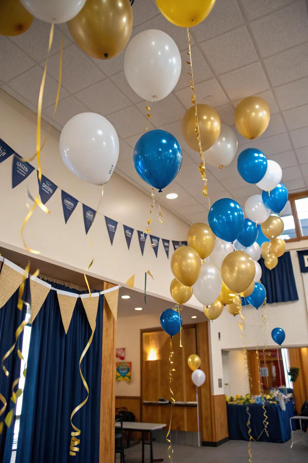 A room adorned with suspended ceiling balloons creating an enchanting setting.