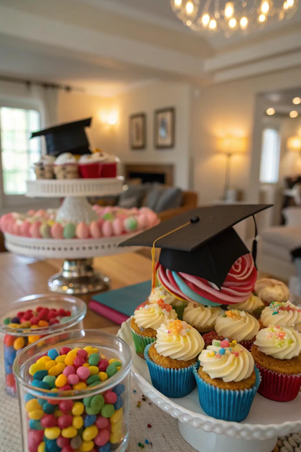 Consumable graduation caps make cupcakes a delightful addition to your candy arrangement.