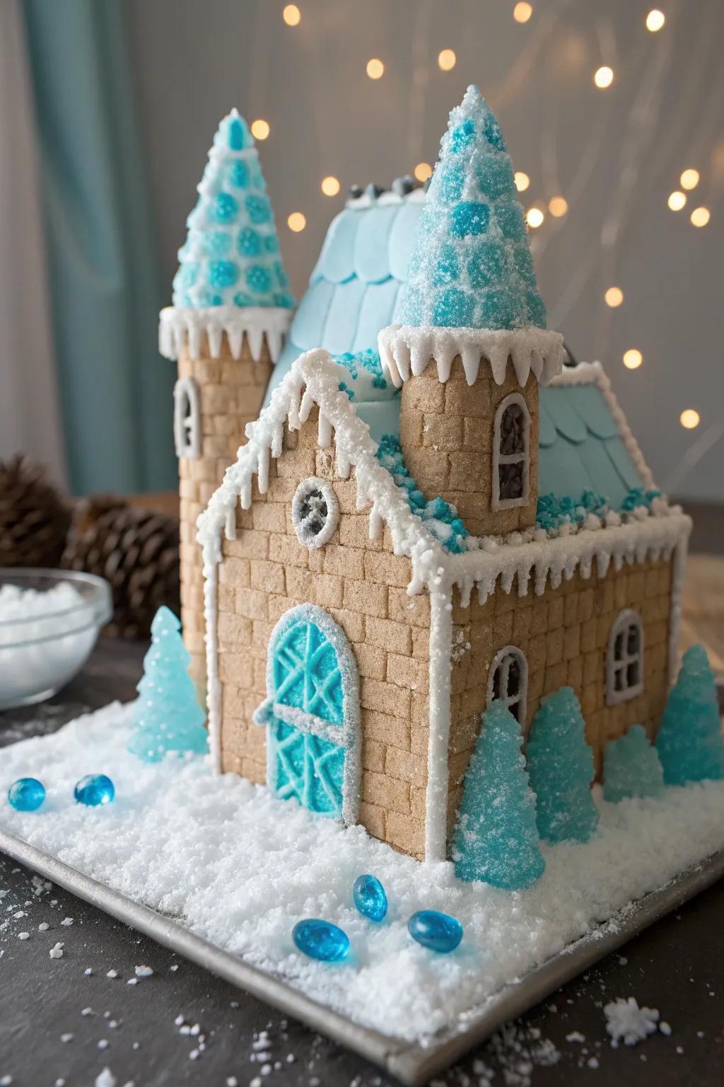 Ice palace gingerbread house showcasing a chilled allure.