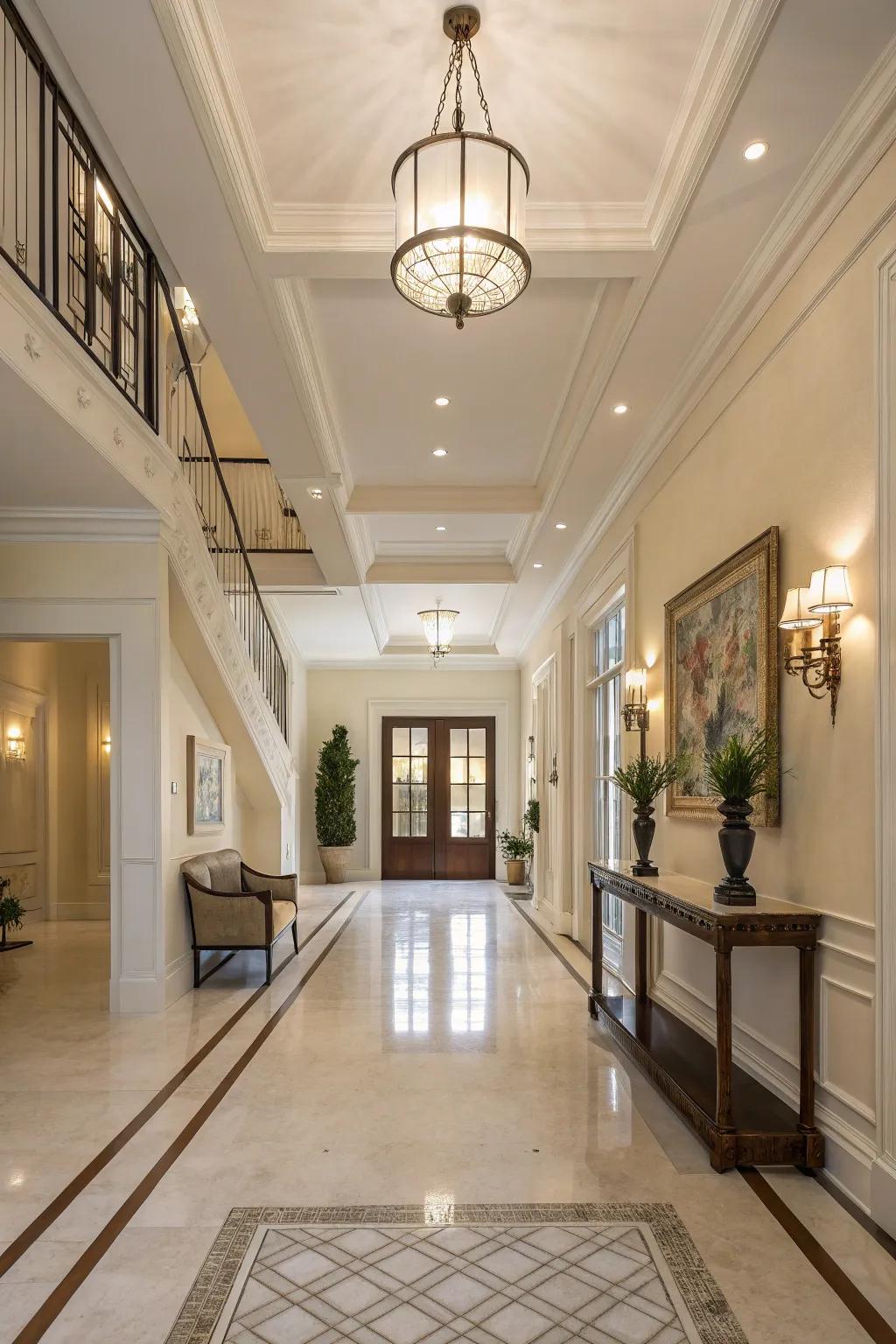 Understated tones craft a timeless and tranquil atmosphere in a grand entryway.