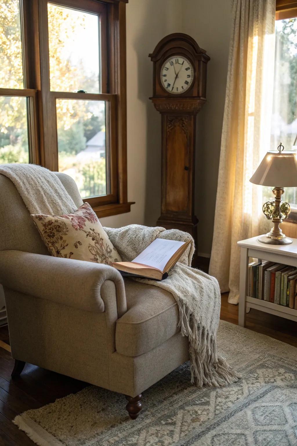 A tall case clock brings a soothing presence to a bedroom reading nook.