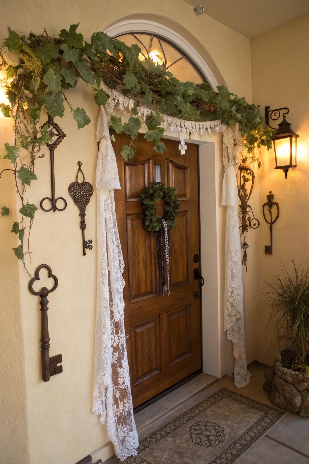A retro-inspired entrance with a nostalgic grapevine arrangement.