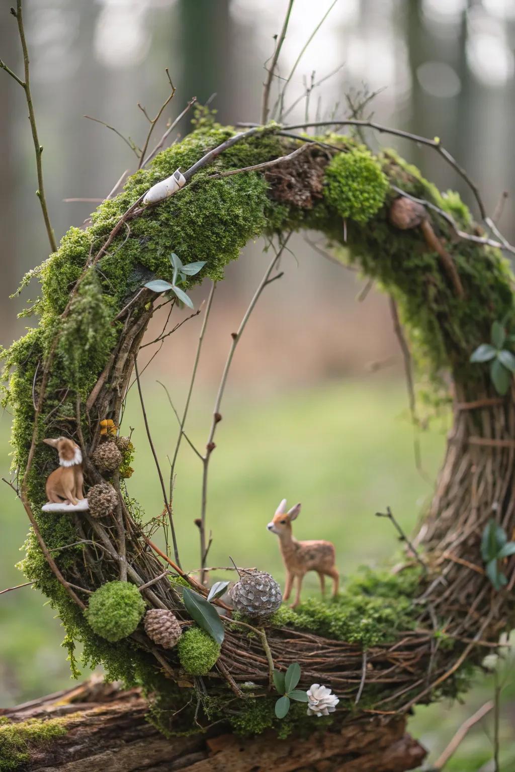 A whimsical woodland-themed grapevine wreath showcasing ground cover.