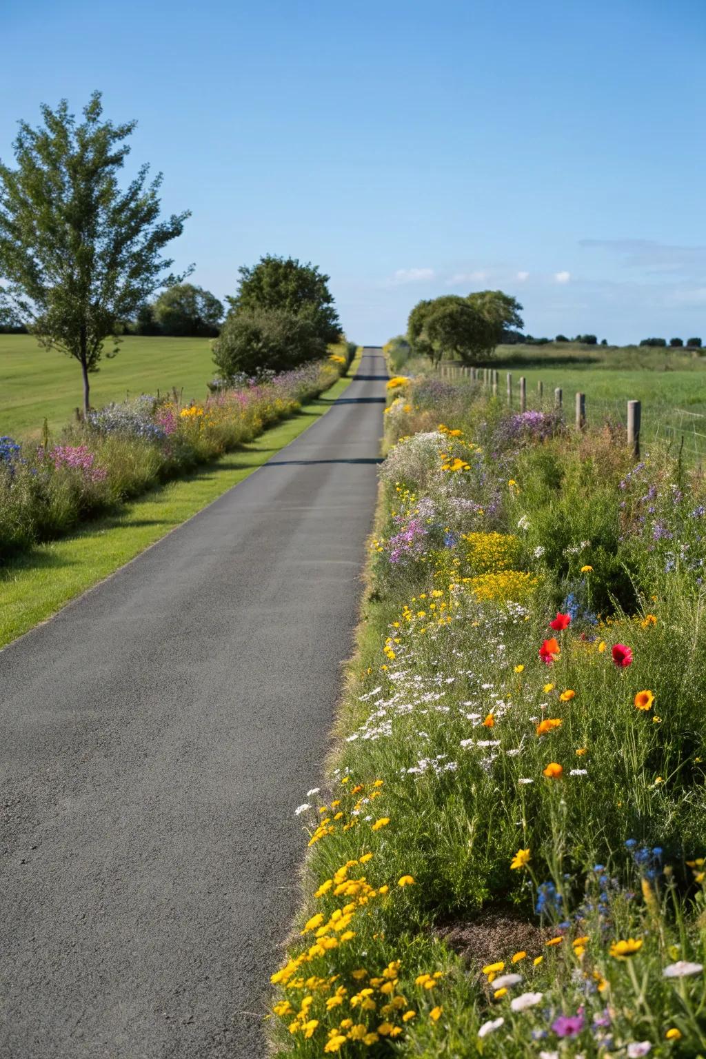 Wildflower borders introduce a vibrant touch to a turf driveway.