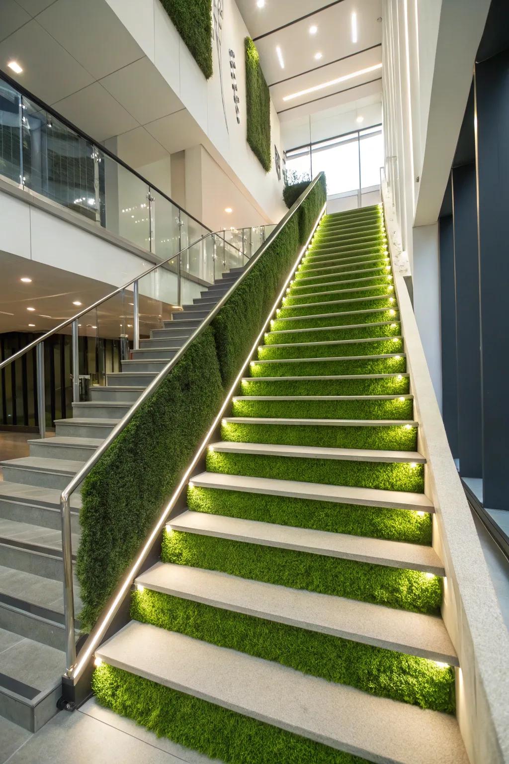 Grass sections transmute a stairway into a contemporary and eye-catching attribute.