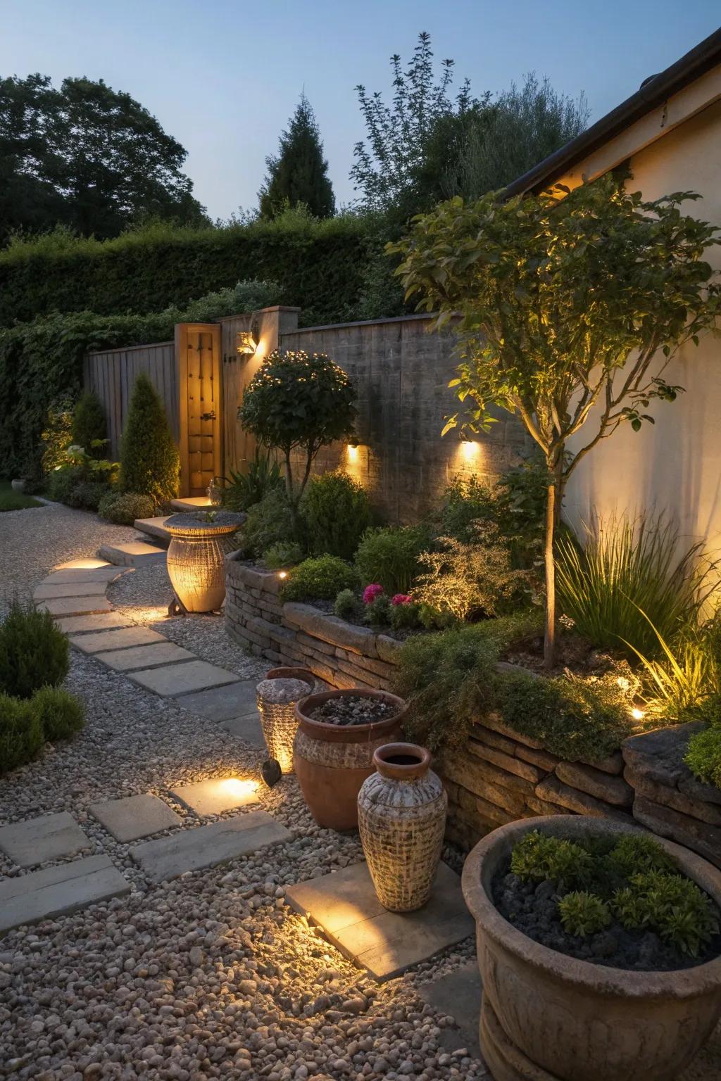 Strategic luminescence transforms a gravel garden into an evening retreat.