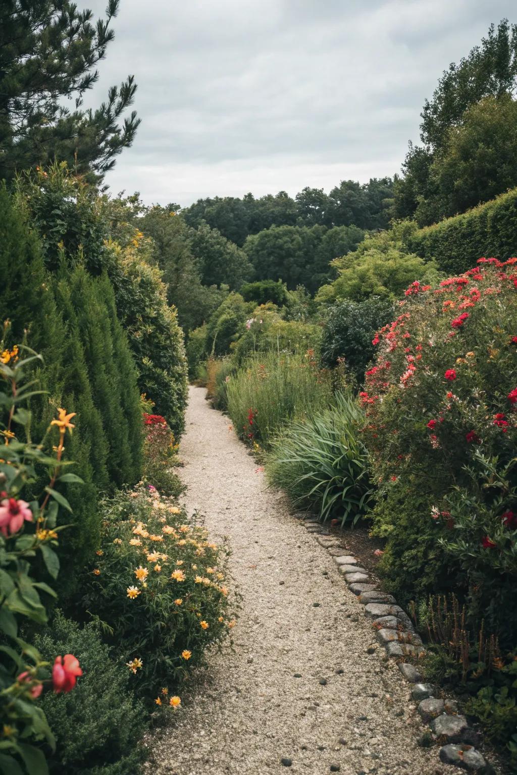 A crushed stone walkway enveloped by lush greenery