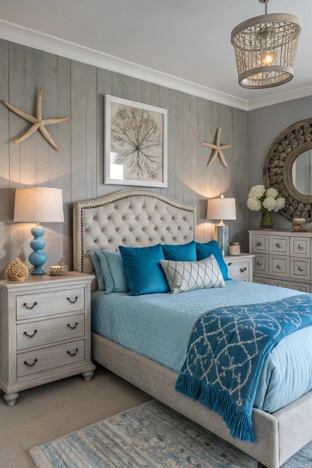A stylish gray bedroom featuring calming azure tones.