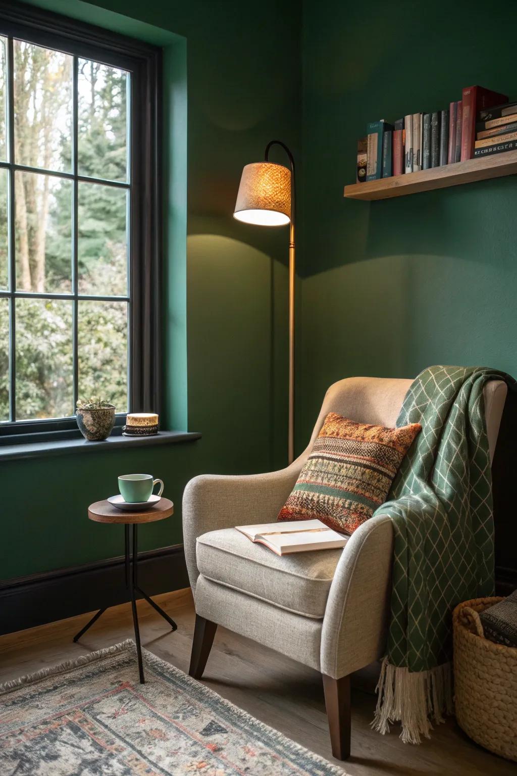 Forest green walls make this reading nook inviting and relaxing.