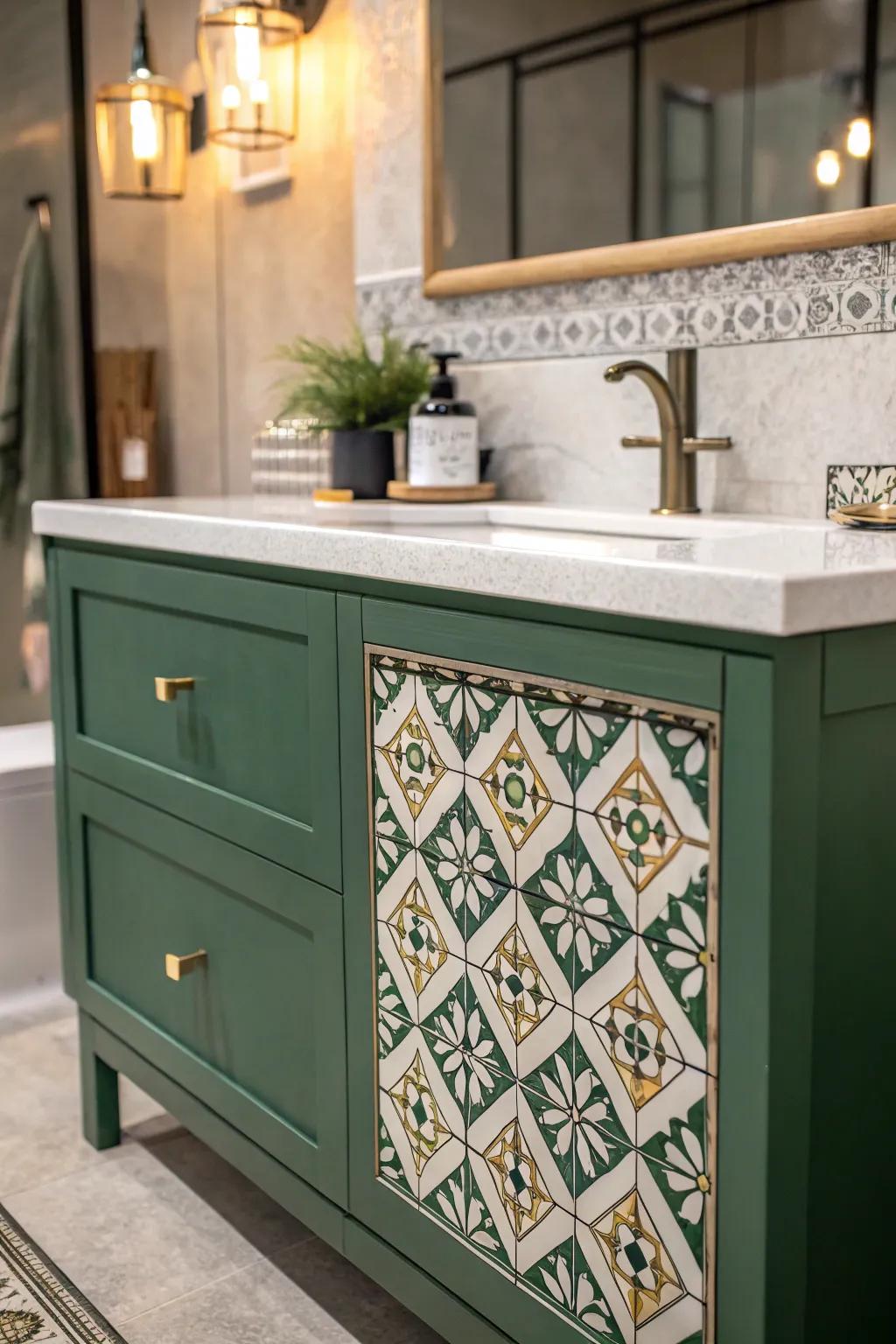 Green console with a unique patterned splash-guard for added visual interest.