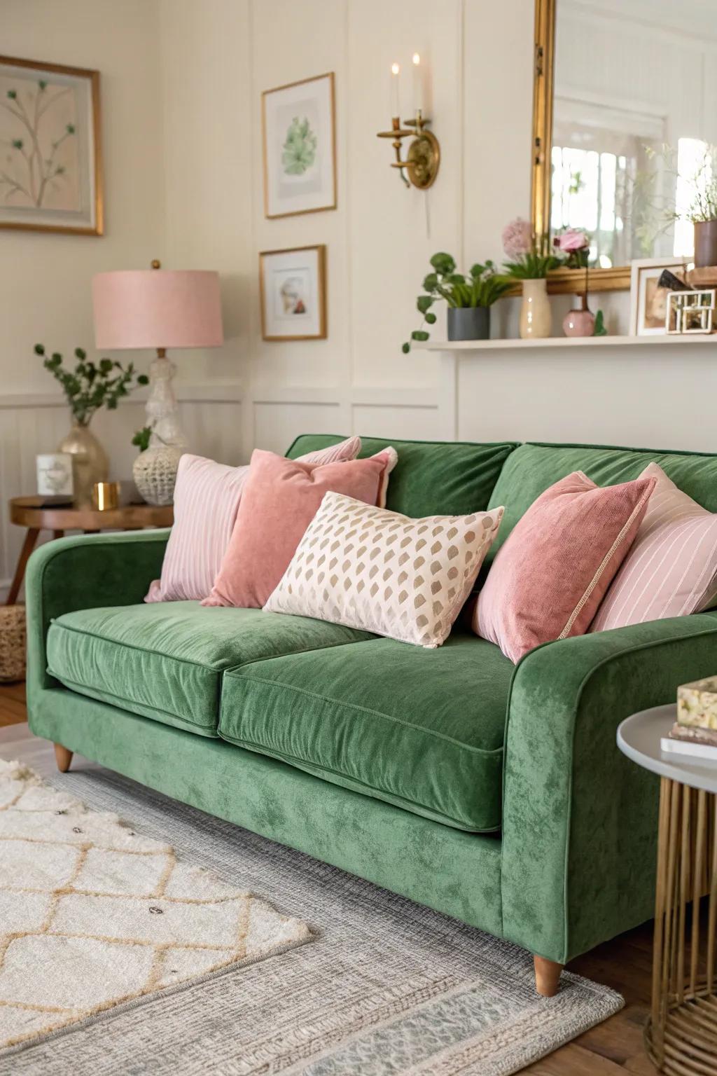 A snug family room with a verdant plush settee and soft tint highlights.