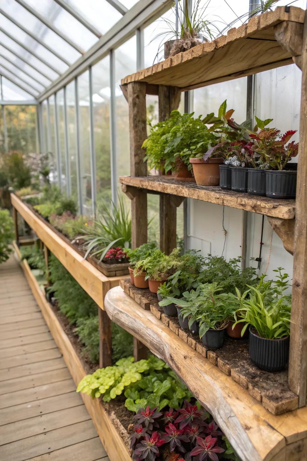Raw-edge timber racks imparting organic charm.