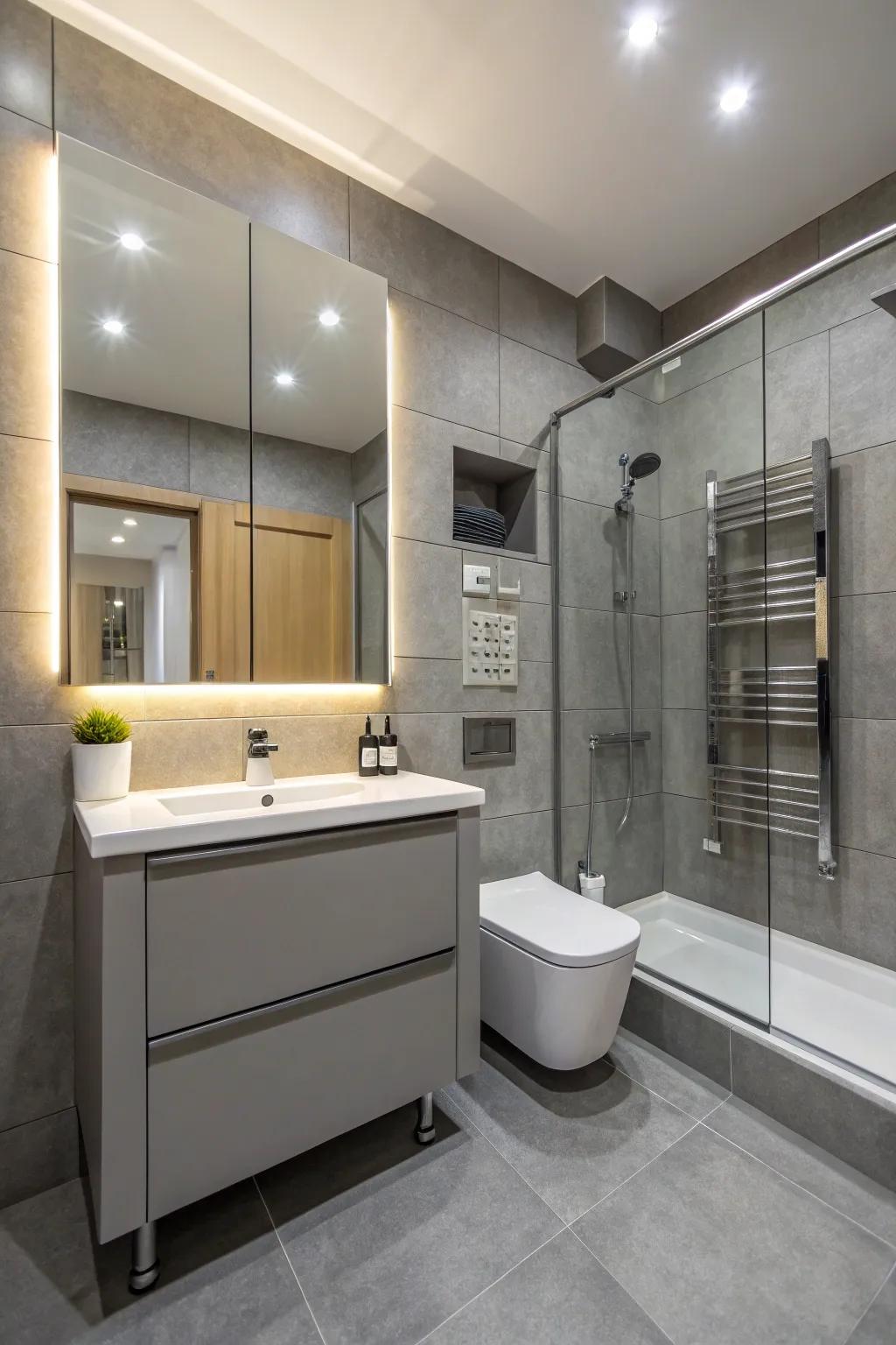 A strategic design enhances both function and style in a grey bathroom.