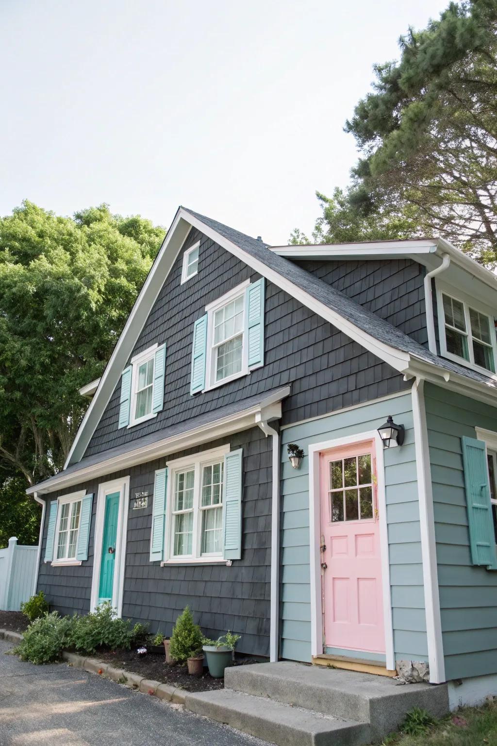 Soft-hued touches impart a playful dimension to charcoal grey.