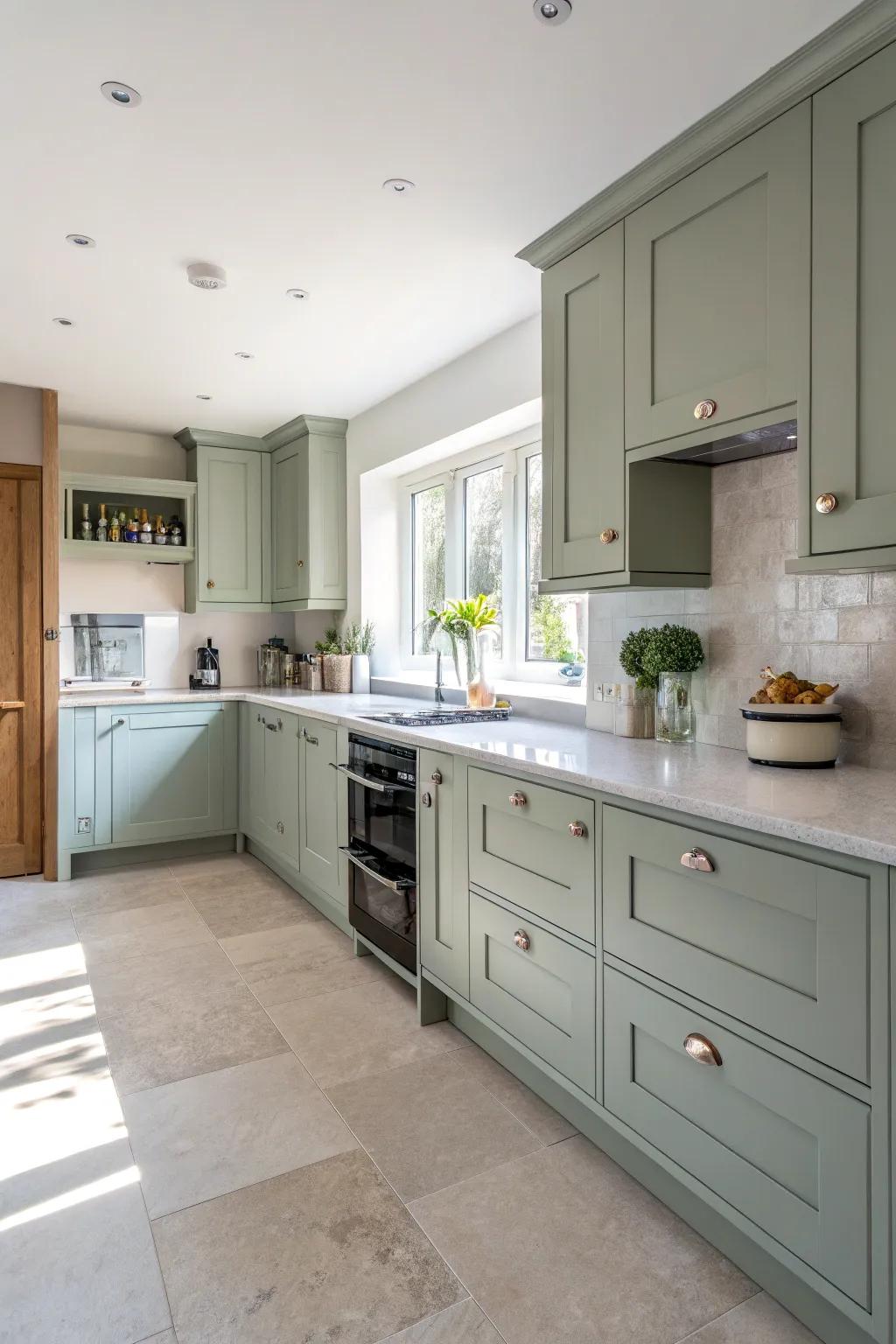 Pale countertops enhance the airy sensation created by grey-green doors.