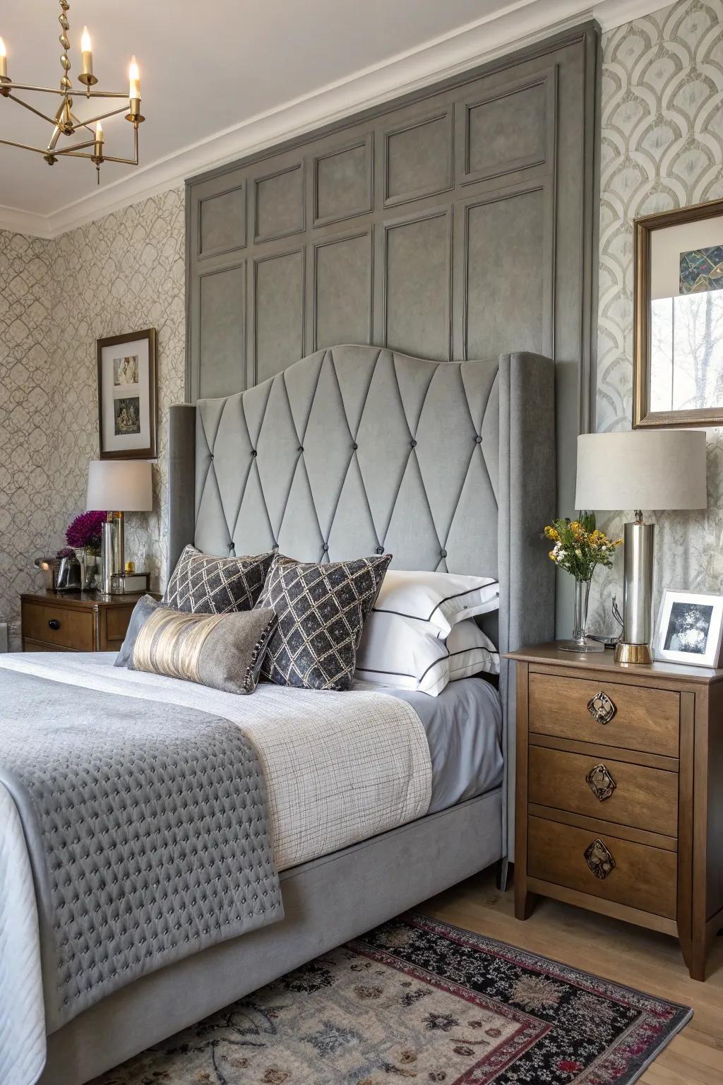 A bedroom design that smoothly blends modern and vintage elements with a slate-toned headboard.