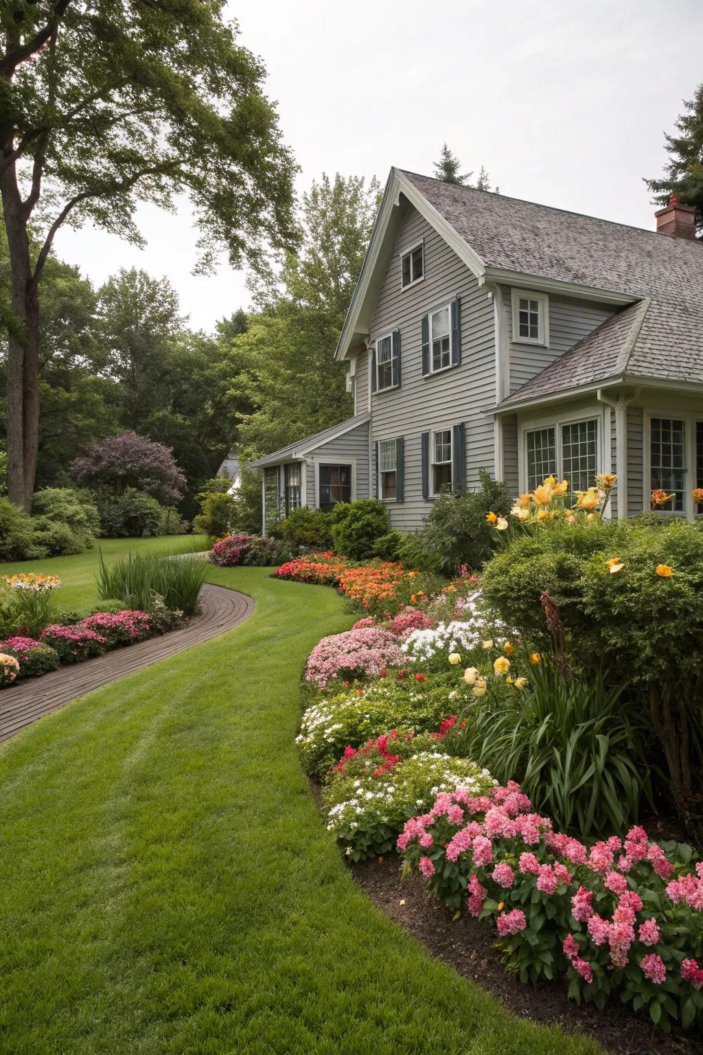 Vibrant greenery complements a graphite exterior.