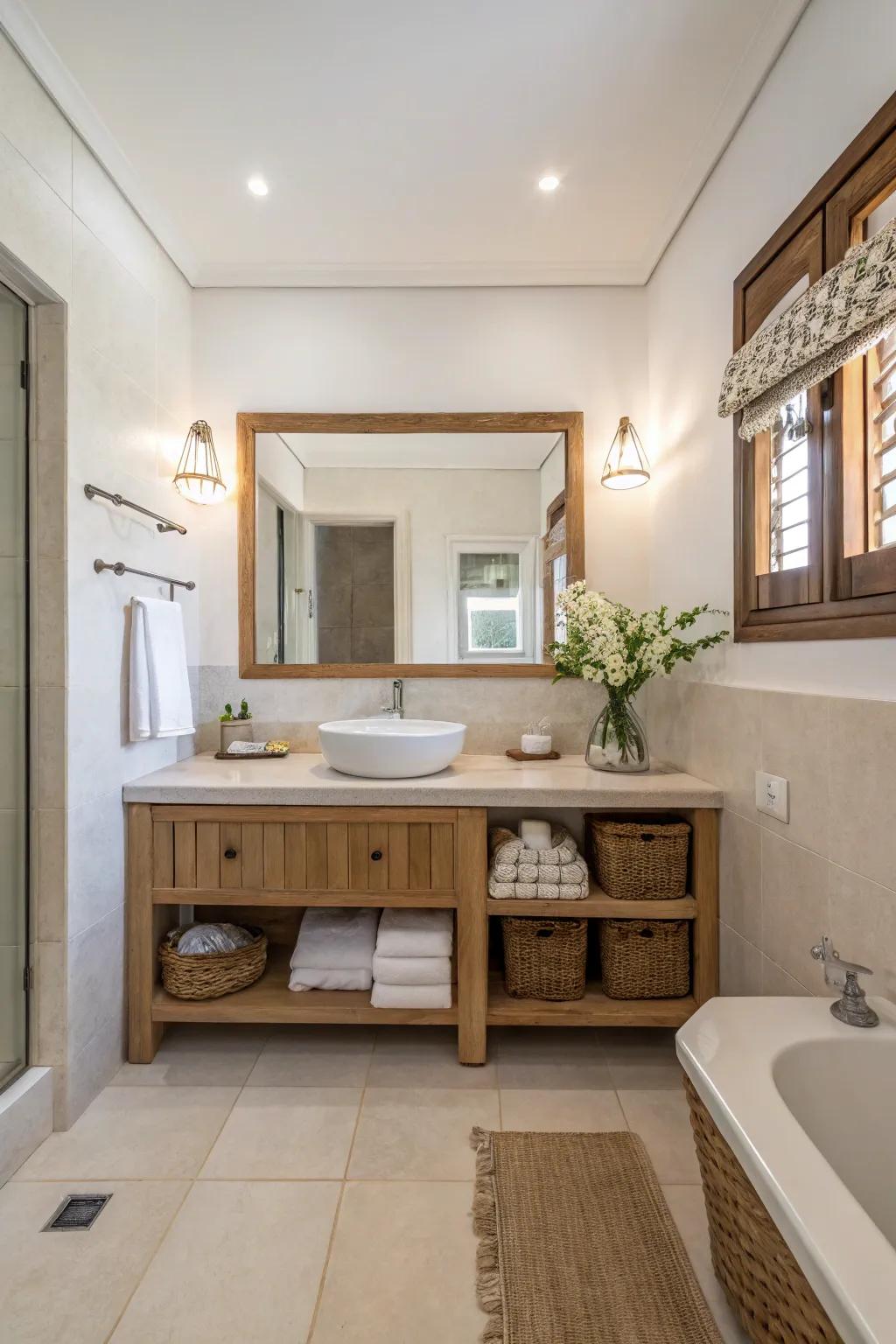 A minimalist guest bath featuring an organized and elegant design.