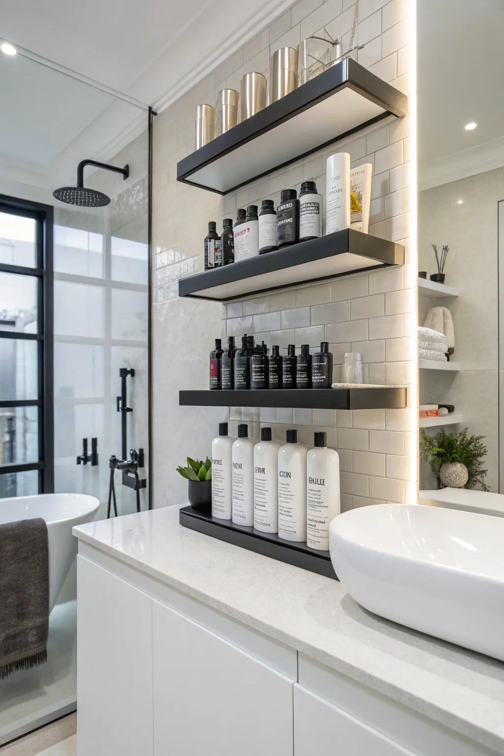 Minimalist floating shelves offer a tidy and organized appearance.
