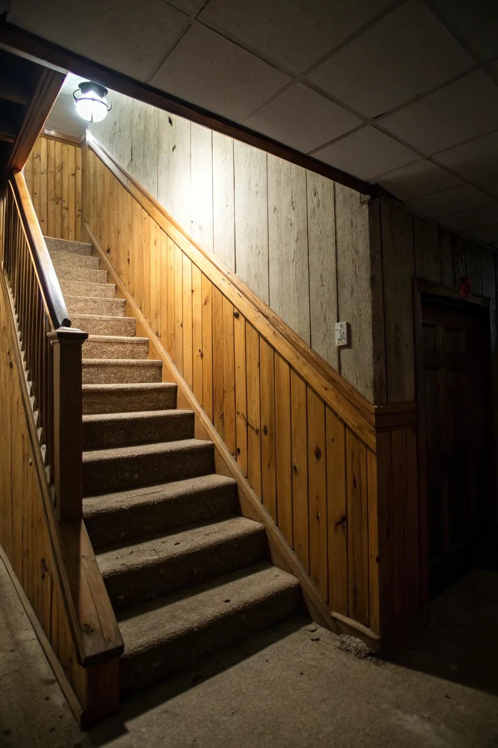Wood paneling adds warmth and texture.