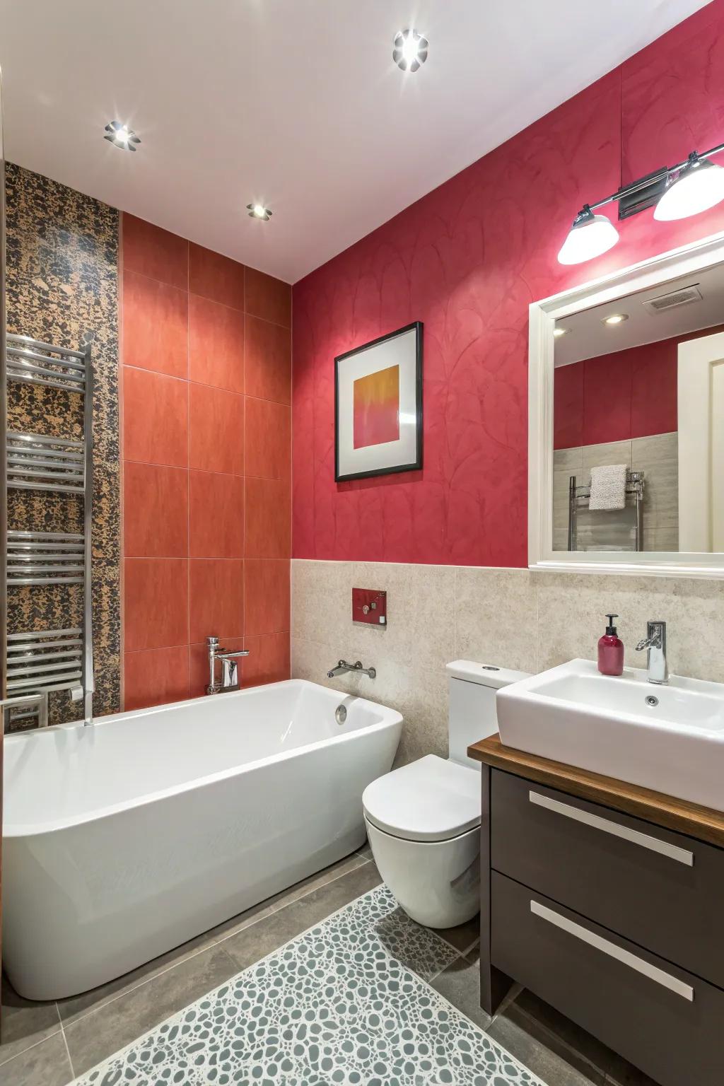 A feature wall adds dramatic flair and becomes a focal point in a guest bathroom.