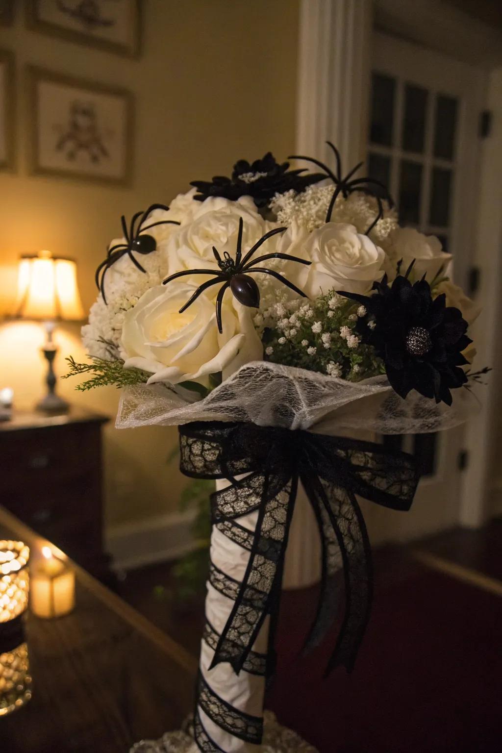 Chilling crawlers and lacework fashion a chillingly elegant Halloween bouquet.