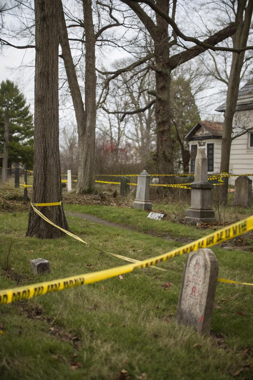 An eerie yard with warning ribbon and gravestones.