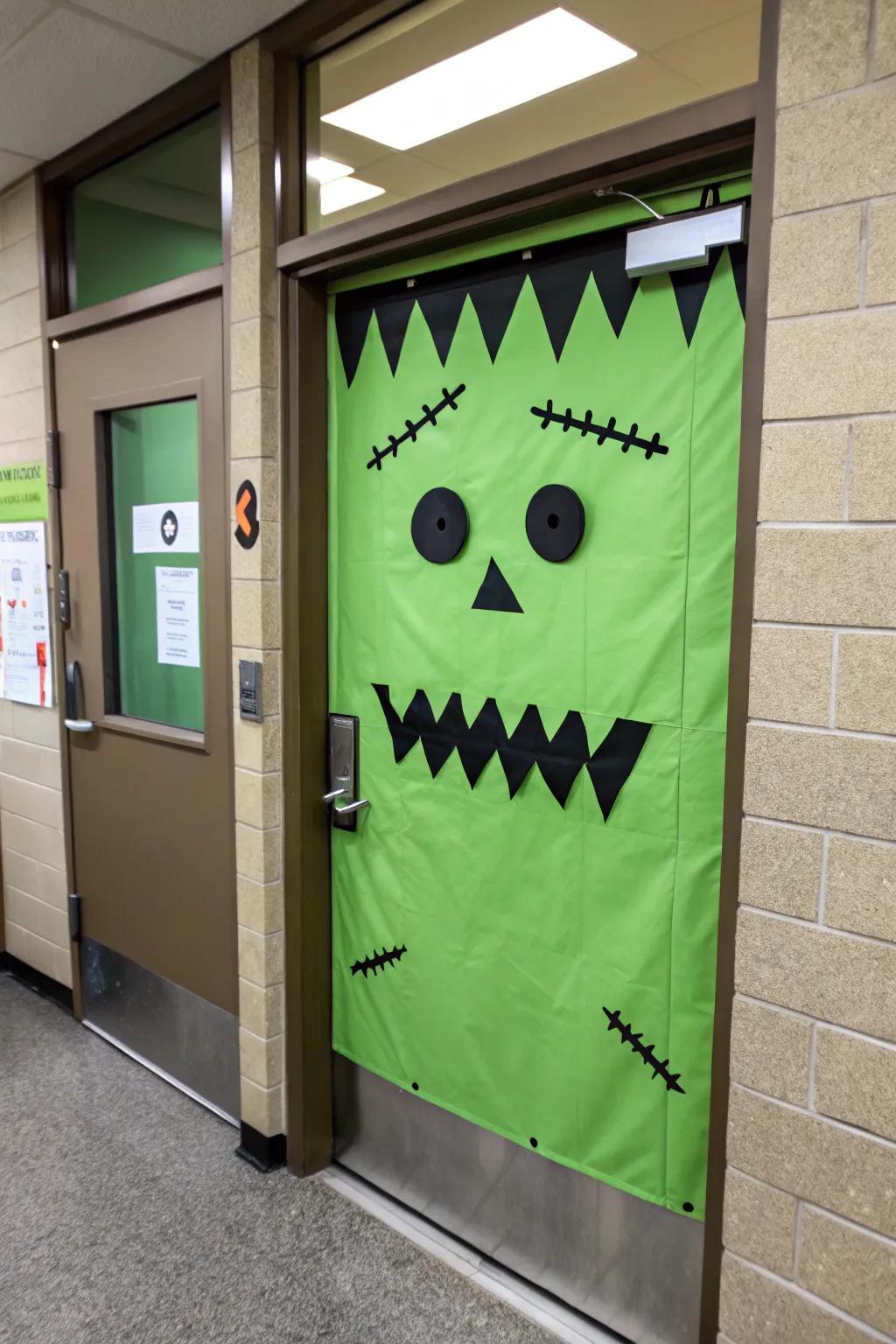 Frankenstein's visage saluting pupils with a spooky grin.