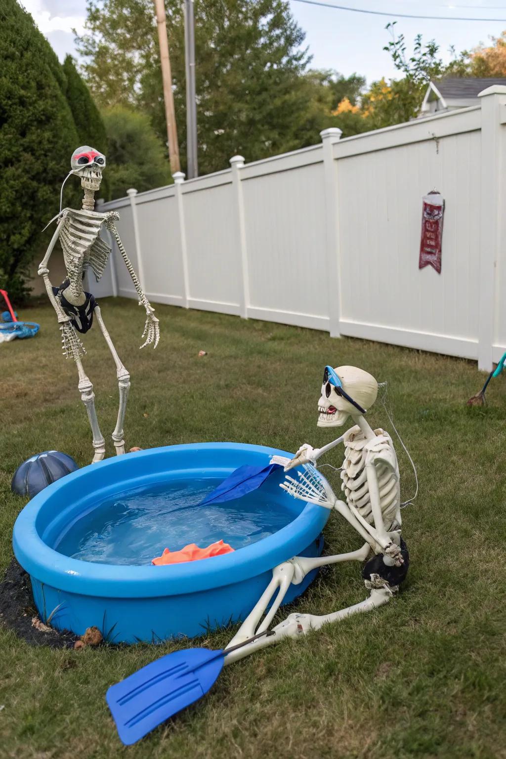 Snorkeling skeletons transmit an eccentric beach vibe to your Halloween decor.